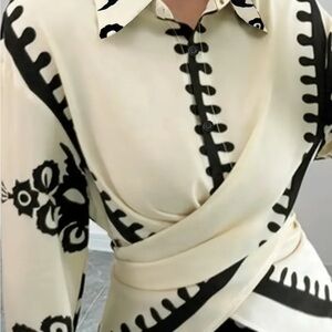 Cream and Black Patterned Wrap Blouse